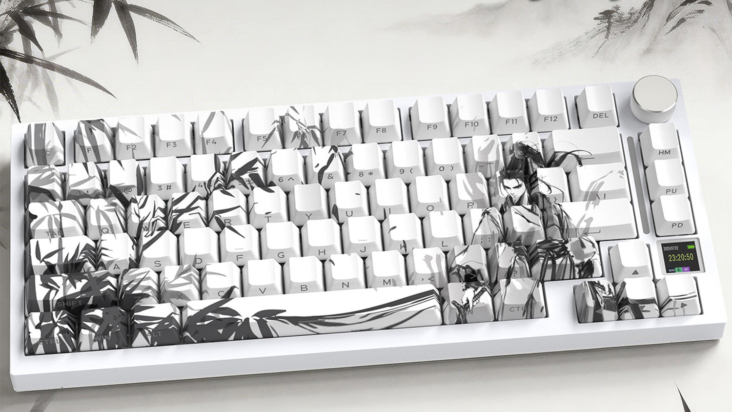 75-key white mechanical gaming keyboard with ink wash painting keycaps, rotary knob, and digital display.