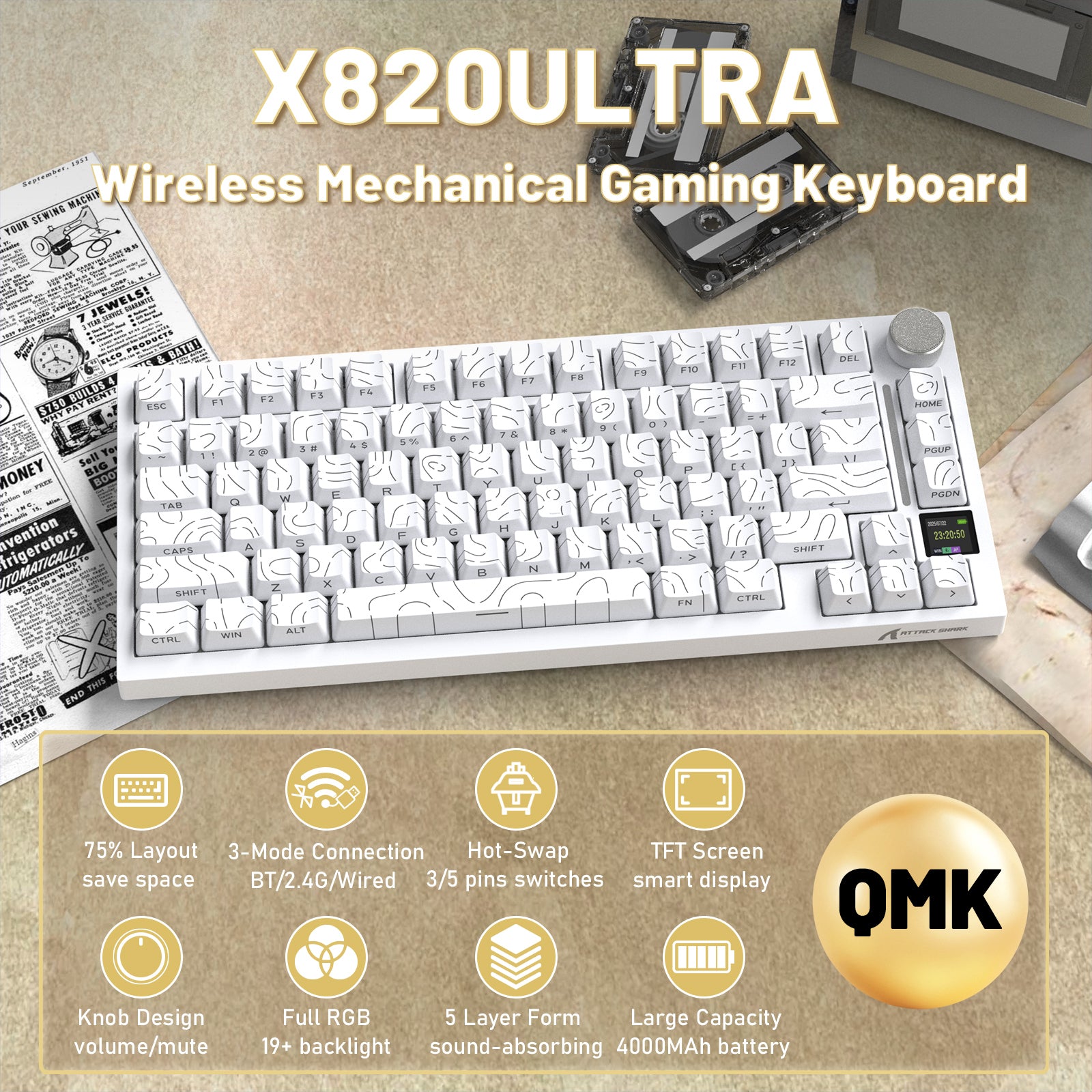 ATTACK SHARK X820ULTRA white 75% wireless mechanical keyboard with abstract pattern keycaps and TFT screen.