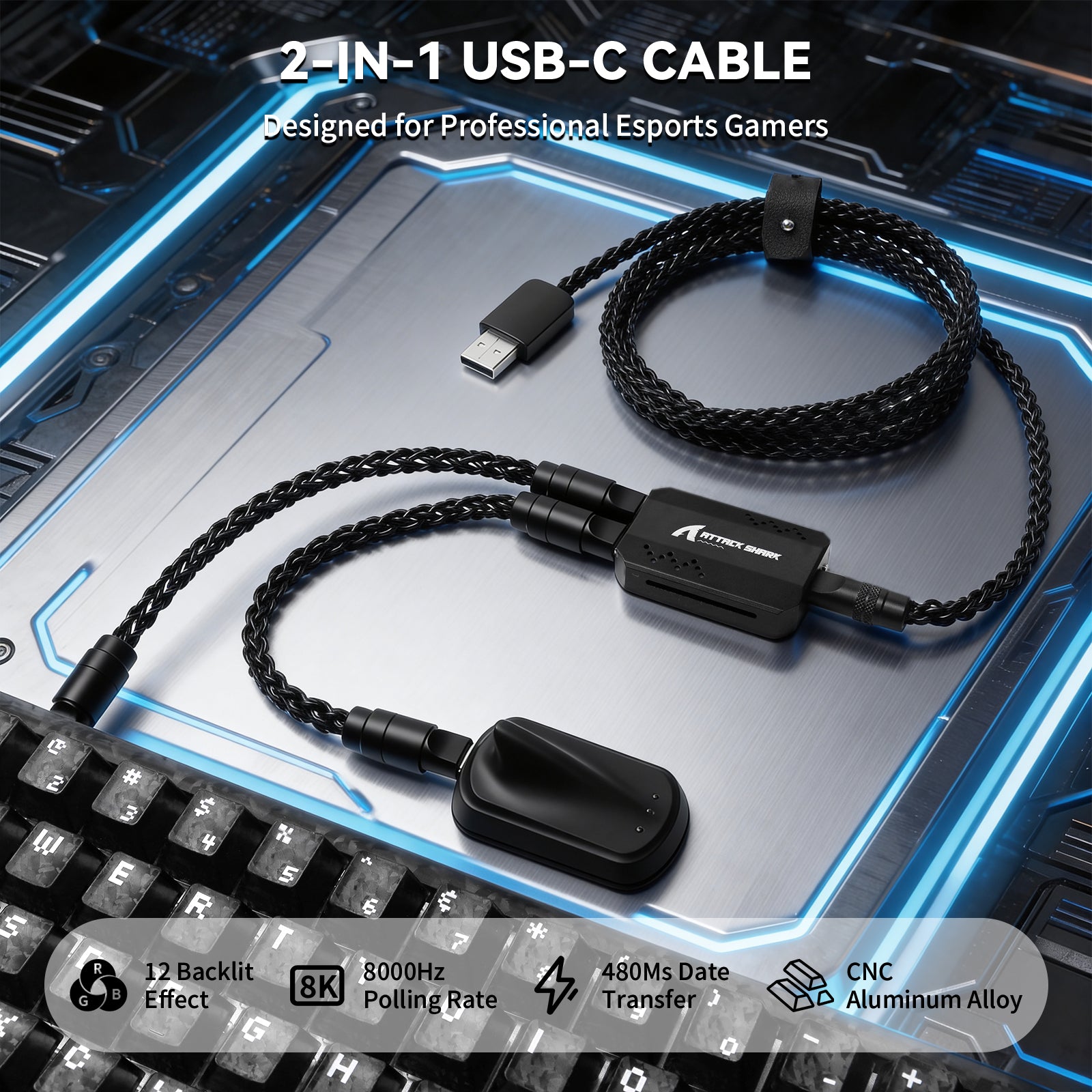 ATTACK SHARK C07 PRO 2-In 1 Type C Cable for 8KHz Gaming Keyboard/Mouse
