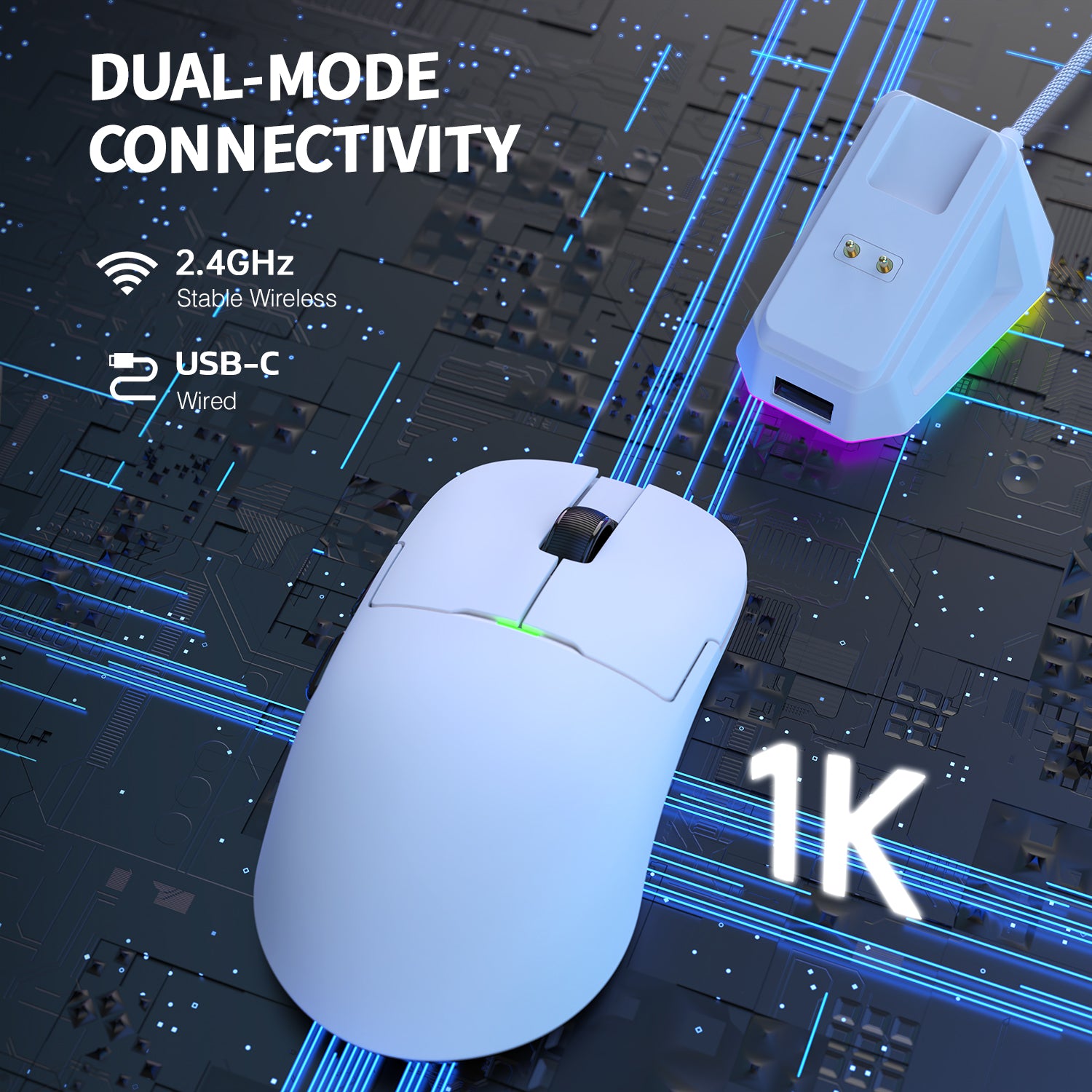 ATTACK SHARK AJ159P gaming mouse with magnetic charging dock and '1K' indicator