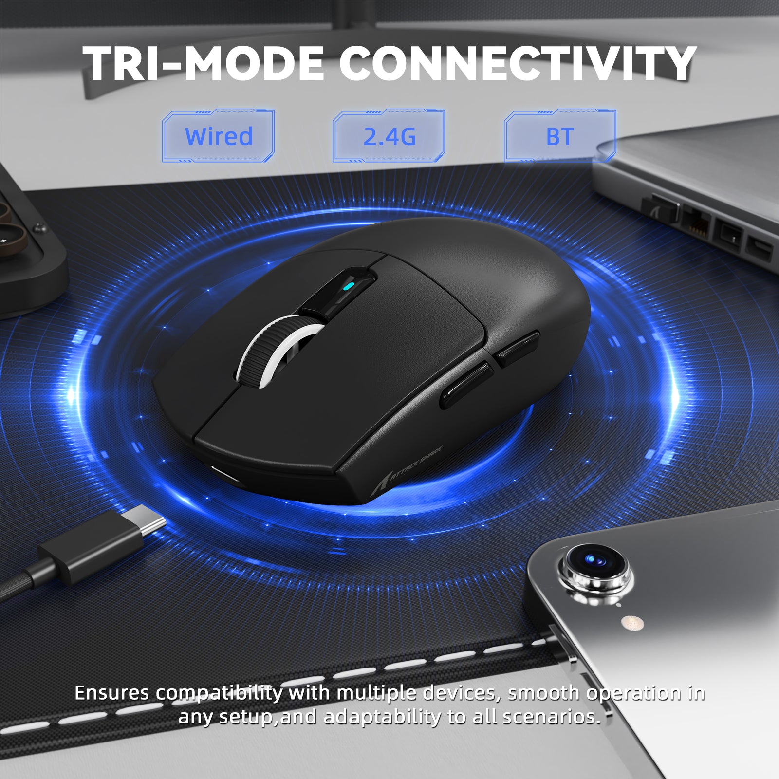 Black gaming mouse showcasing tri-mode connectivity (Wired, 2.4G, BT) with glowing blue wireless signal rings on a mousepad.