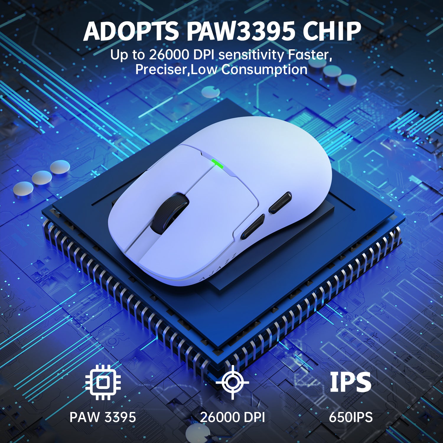 ATTACK SHARK x AJ159P gaming mouse with PAW3395 sensor, 26000 DPI, and 650 IPS on circuit board.