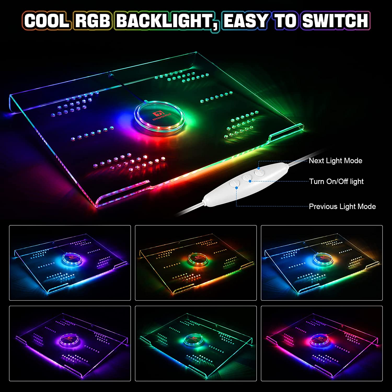 Transparent acrylic laptop riser with RGB backlight, ventilation holes, and easy light switch