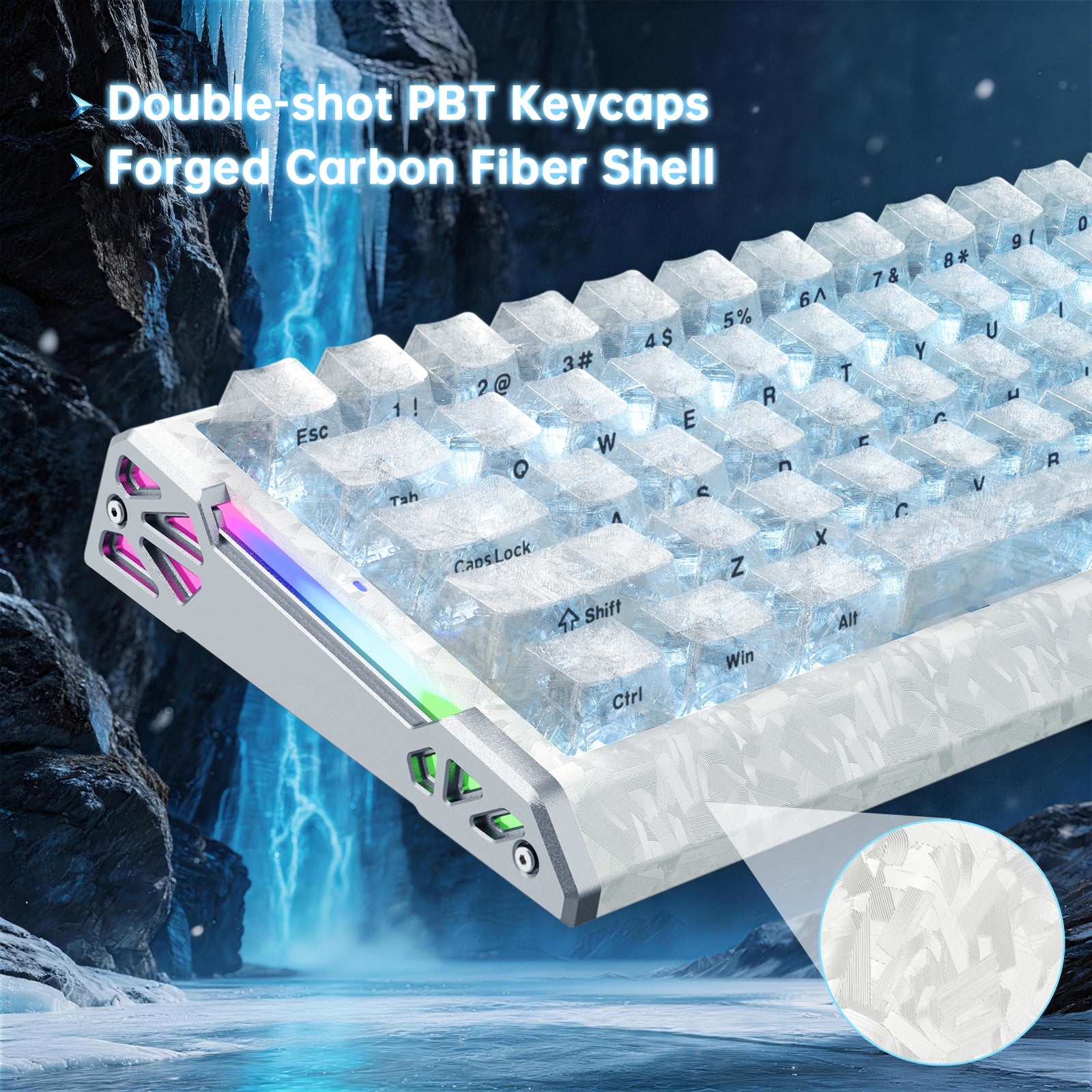 ATTACK SHARK X11 gaming keyboard: forged carbon fiber shell, clear PBT keycaps, RGB lighting accents.