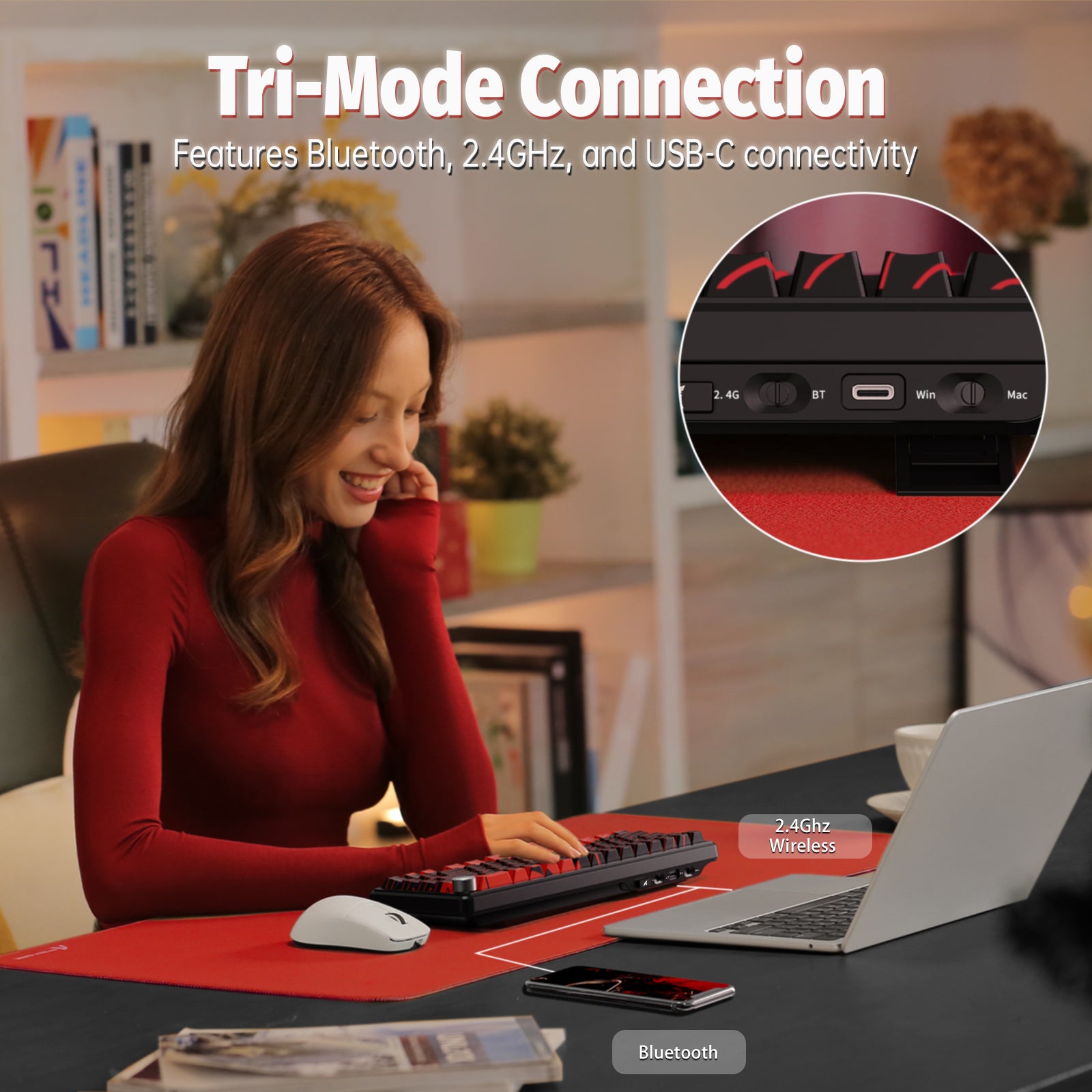 ATTACK SHARK X65PRO HE wireless keyboard: Tri-Mode (Bluetooth, 2.4GHz, USB-C), shown with laptop & phone.