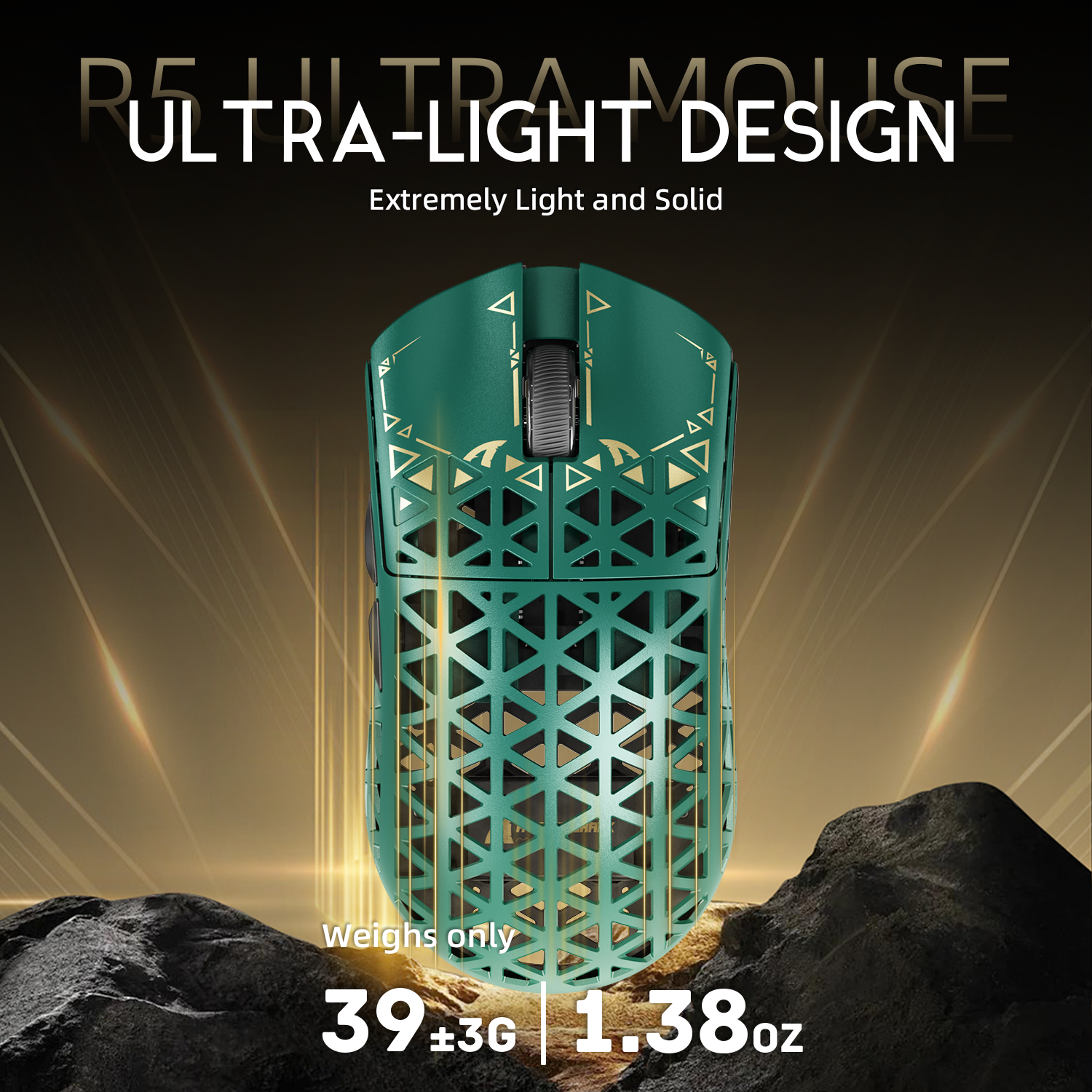 ATTACK SHARK R5 Ultra gaming mouse in green with honeycomb shell design, weighs 39g.