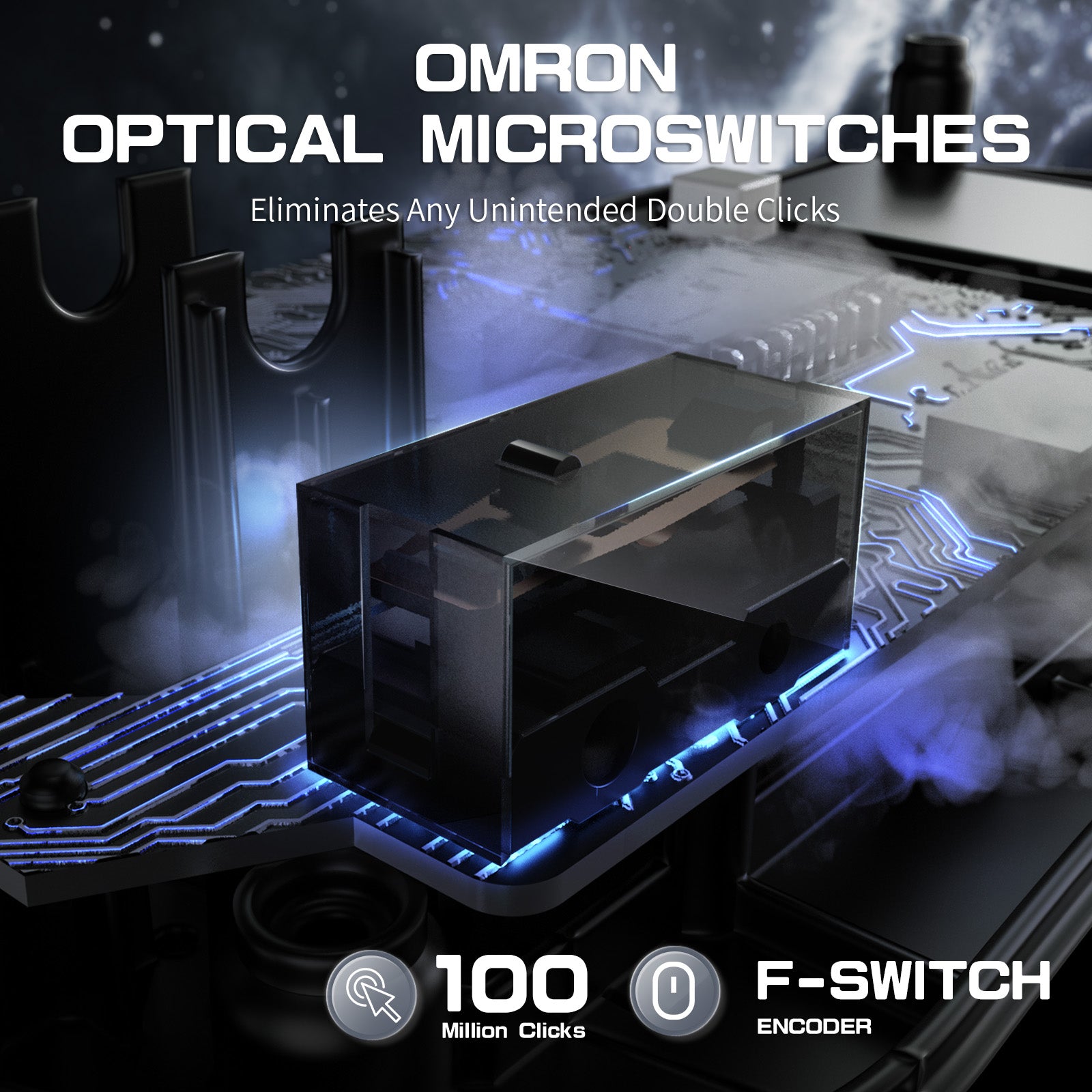 ATTACK SHARK R2 PRO mouse with Omron optical microswitches, 100 million clicks, and F-Switch encoder.
