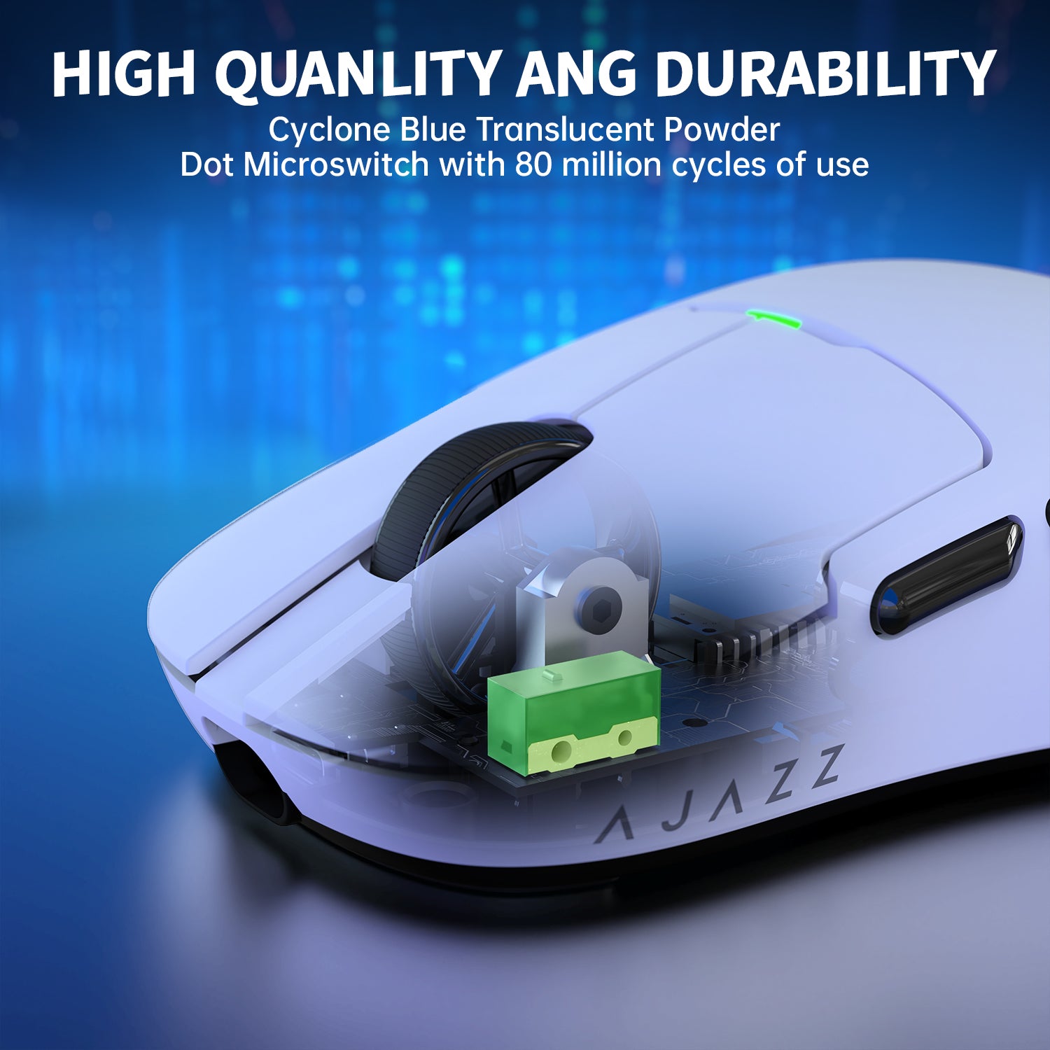 ATTACK SHARK x AJ159P gaming mouse with translucent blue microswitch and "AJAZZ" logo.