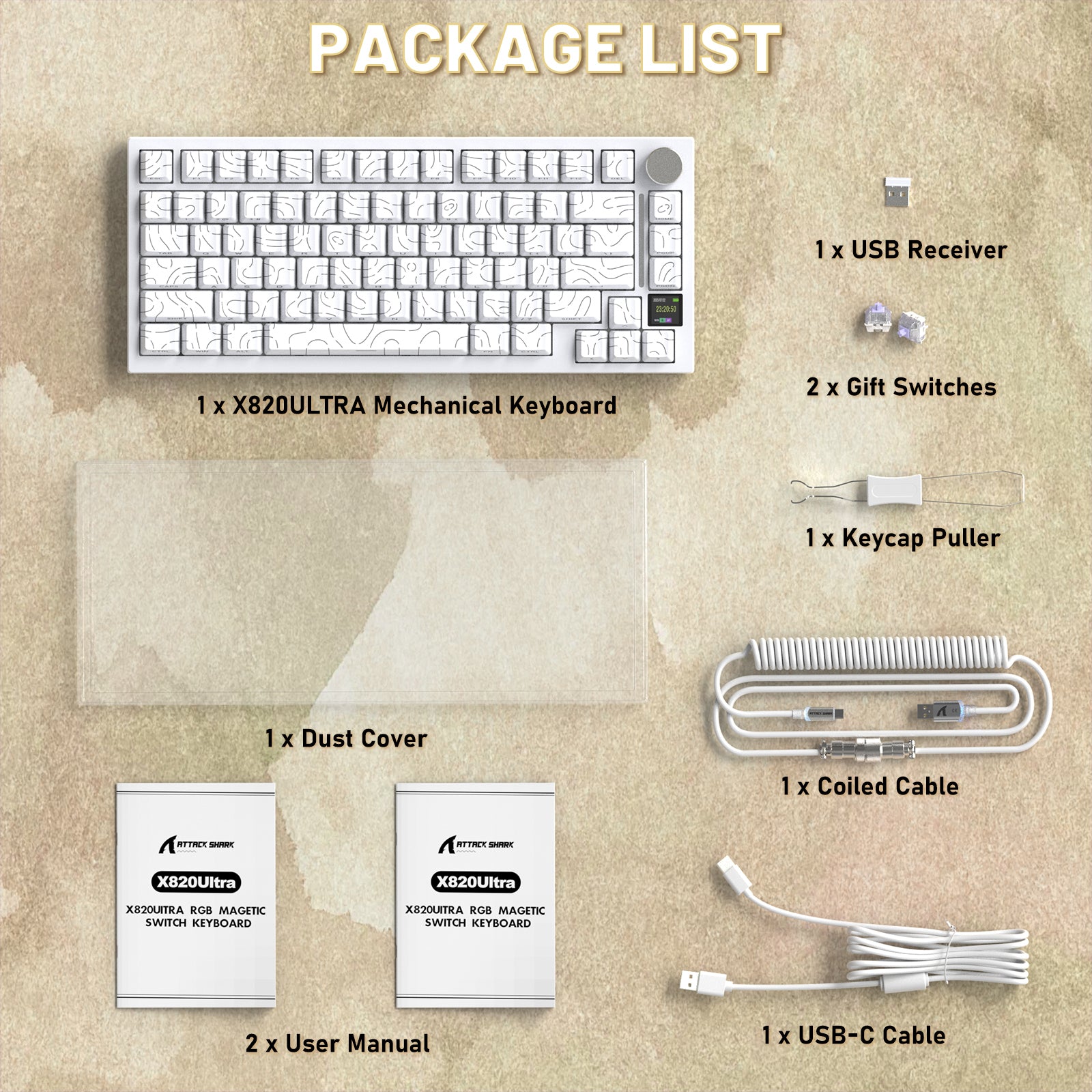 ATTACK SHARK X820ULTRA keyboard package: white keyboard, coiled cable, USB receiver, keycap puller, gift switches, dust cover, user manuals.
