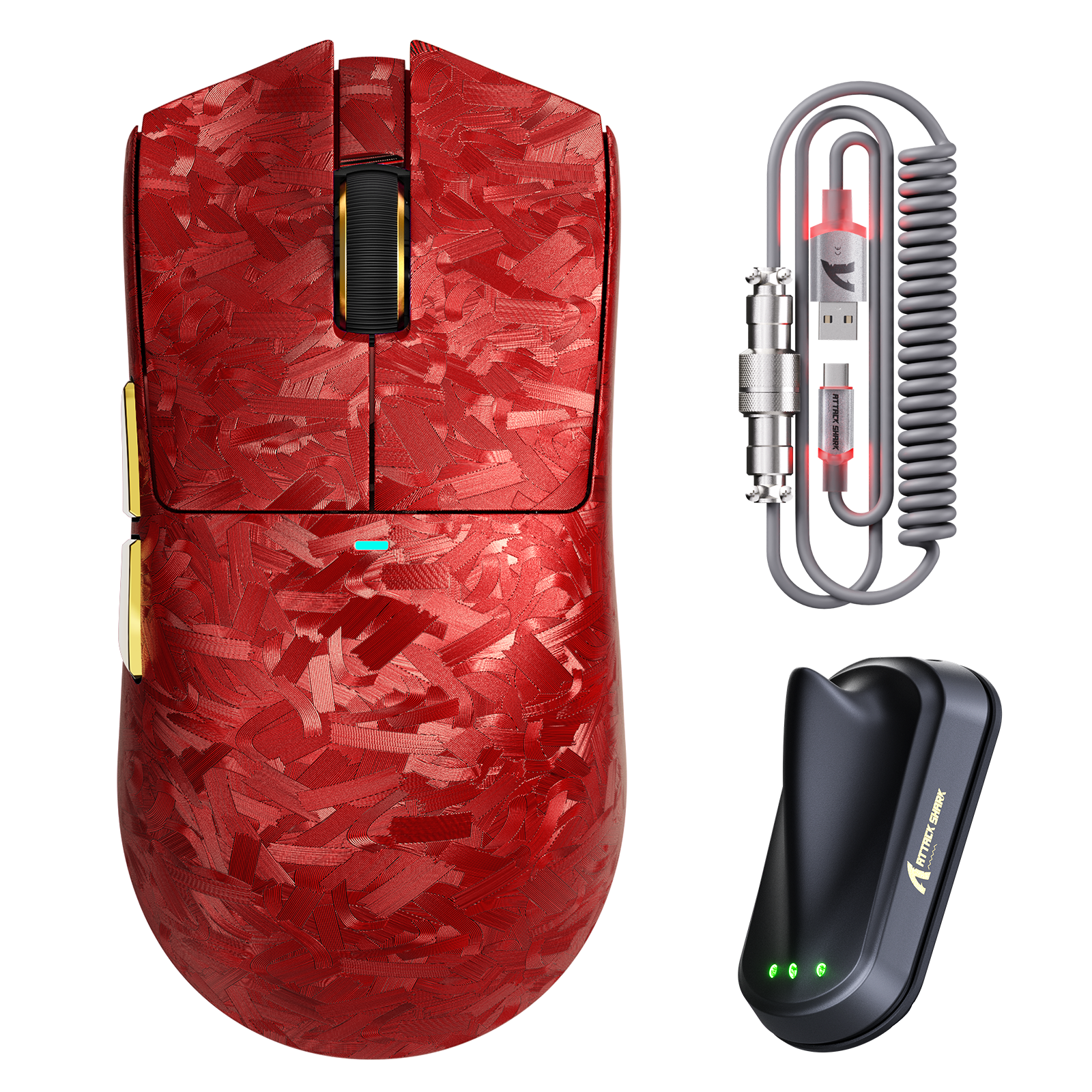 ATTACK SHARK X11 ULTRA purple carbon fiber wireless gaming mouse with C06 ULTRA LED cable