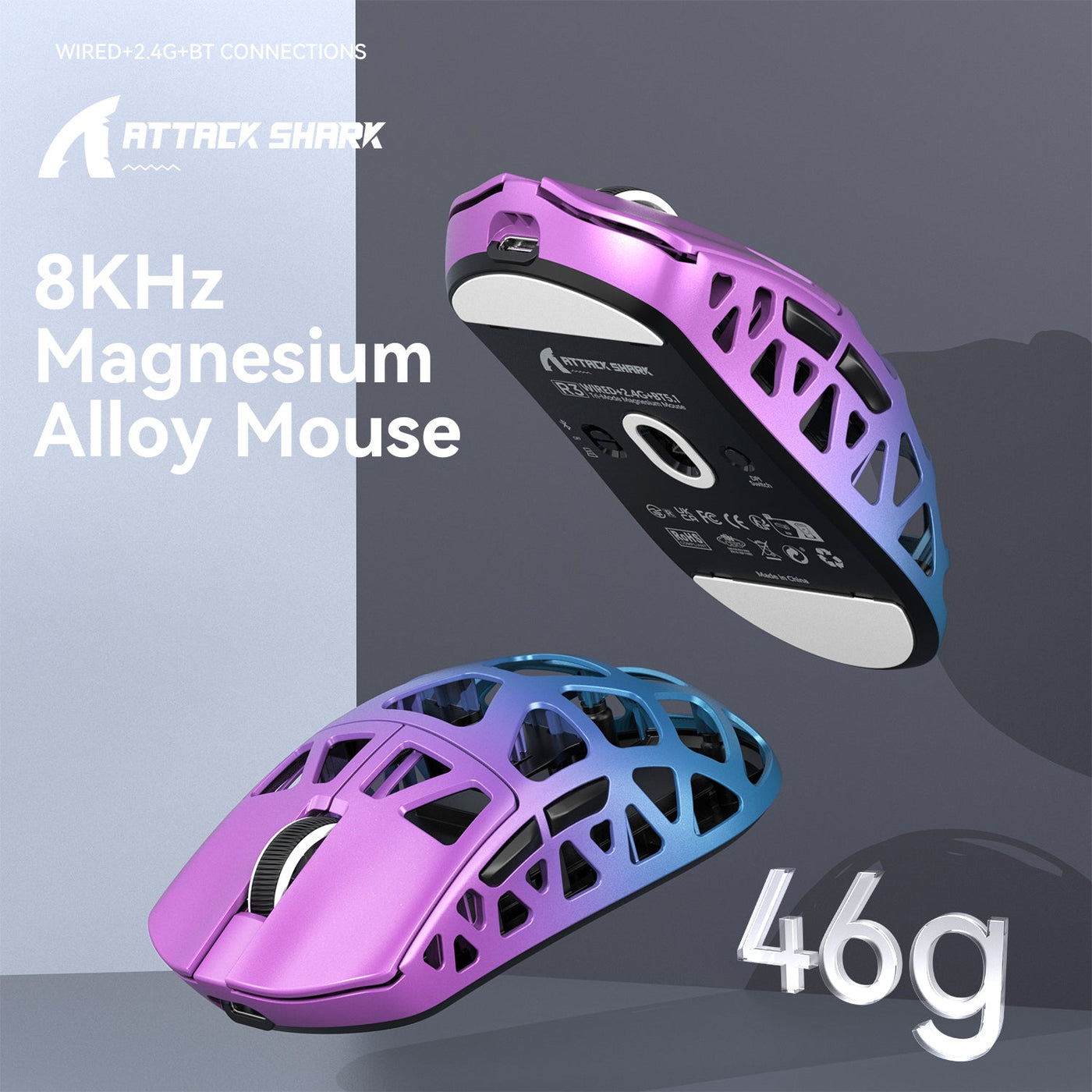 Purple-and-blue gaming mouse presented in a gaming setup