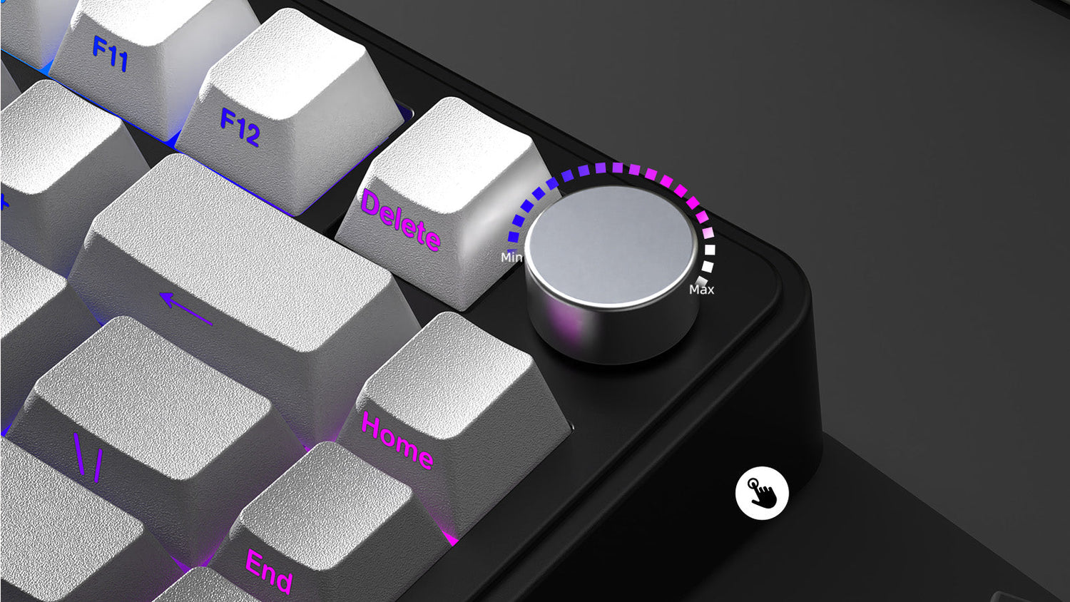 A close-up of a mechanical keyboard with white keycaps and purple LED backlighting. The image highlights the upper right corner featuring a silver rotary knob with Min/Max indicators and illuminated purple key labels for Delete, Home, and End keys