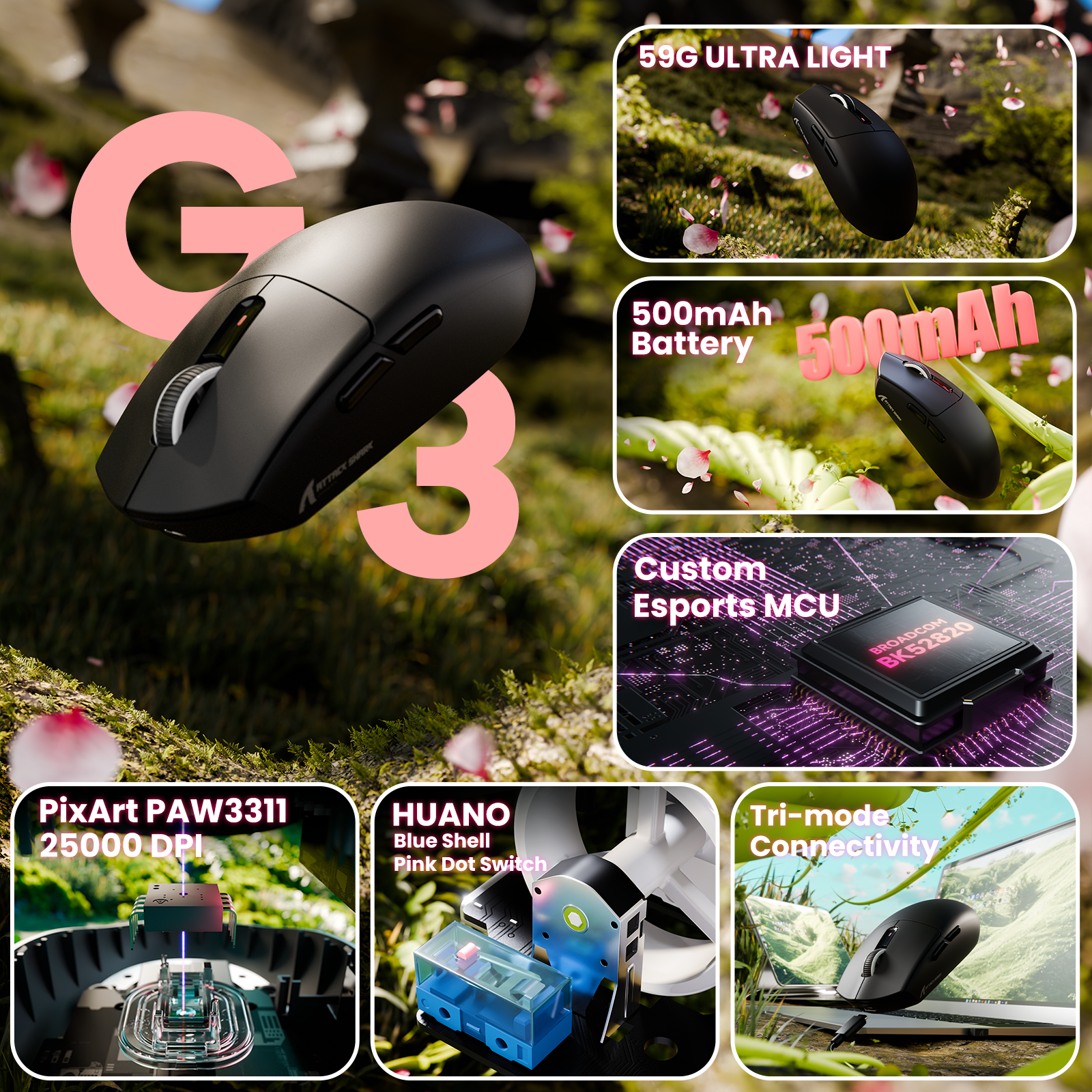ATTACK SHARK G3 Tri-mode Wireless Gaming Mouse 25000 DPI Ultra Lightweight