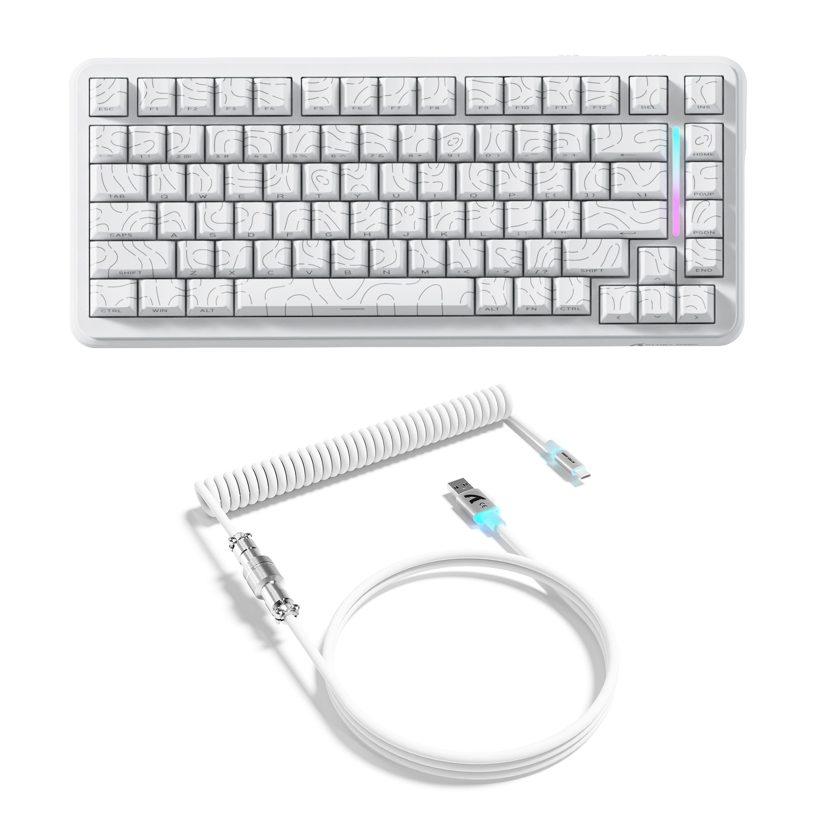 ATTACK SHARK X82PRO HE keyboard, White 75% layout with unique keycaps design, and C01 Ultra RGB Coiled Cable.