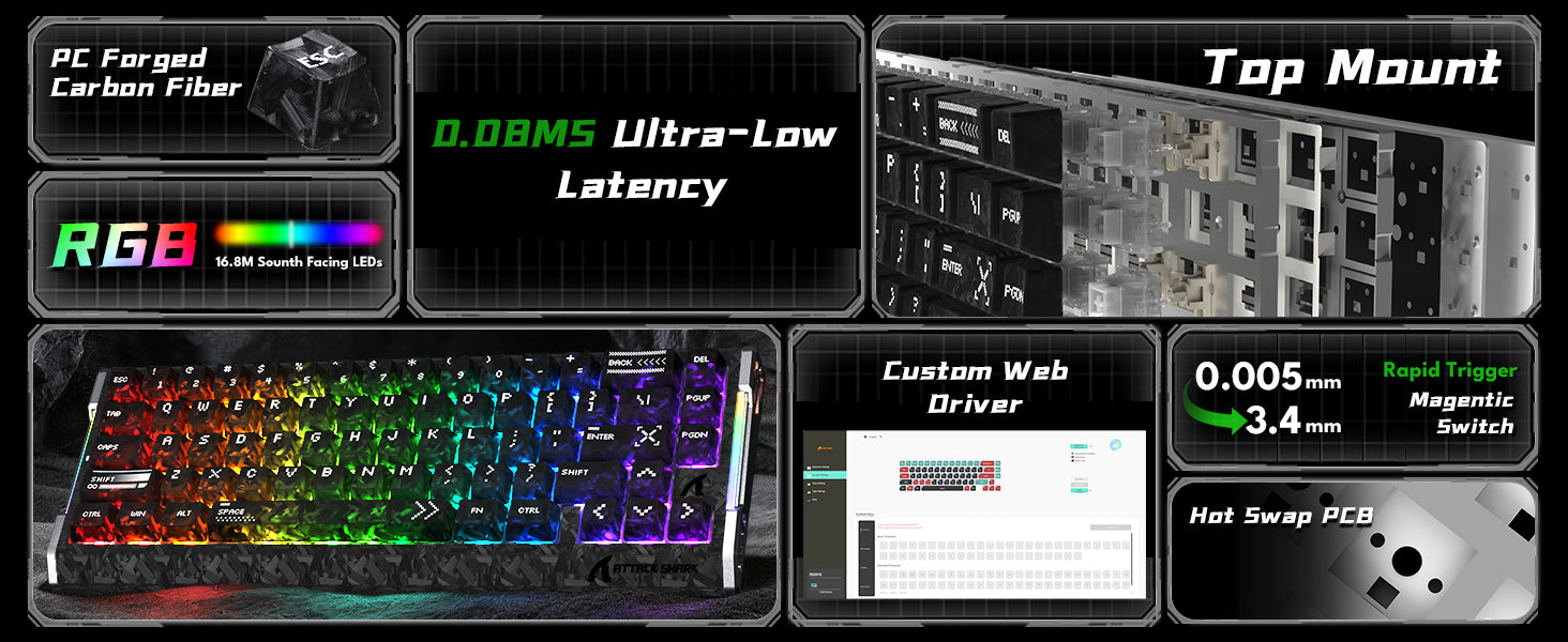ATTACK SHARK R68 HE Carbon Fiber Wired Rapid Trigger Magnetic Switch Keyboard With C01 Ultra RGB Coiled Cable