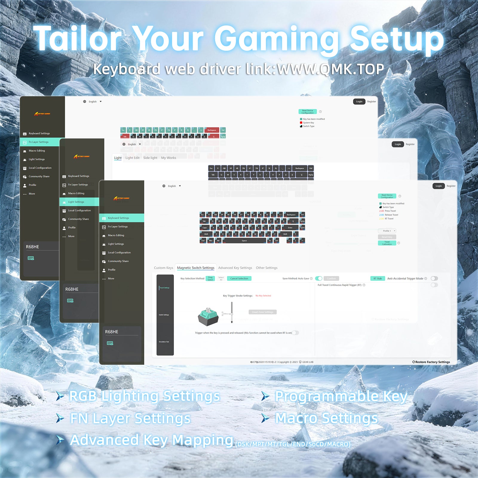 ATTACK SHARK R68 HE Carbon Fiber keyboard software: rapid trigger, RGB, key mapping.