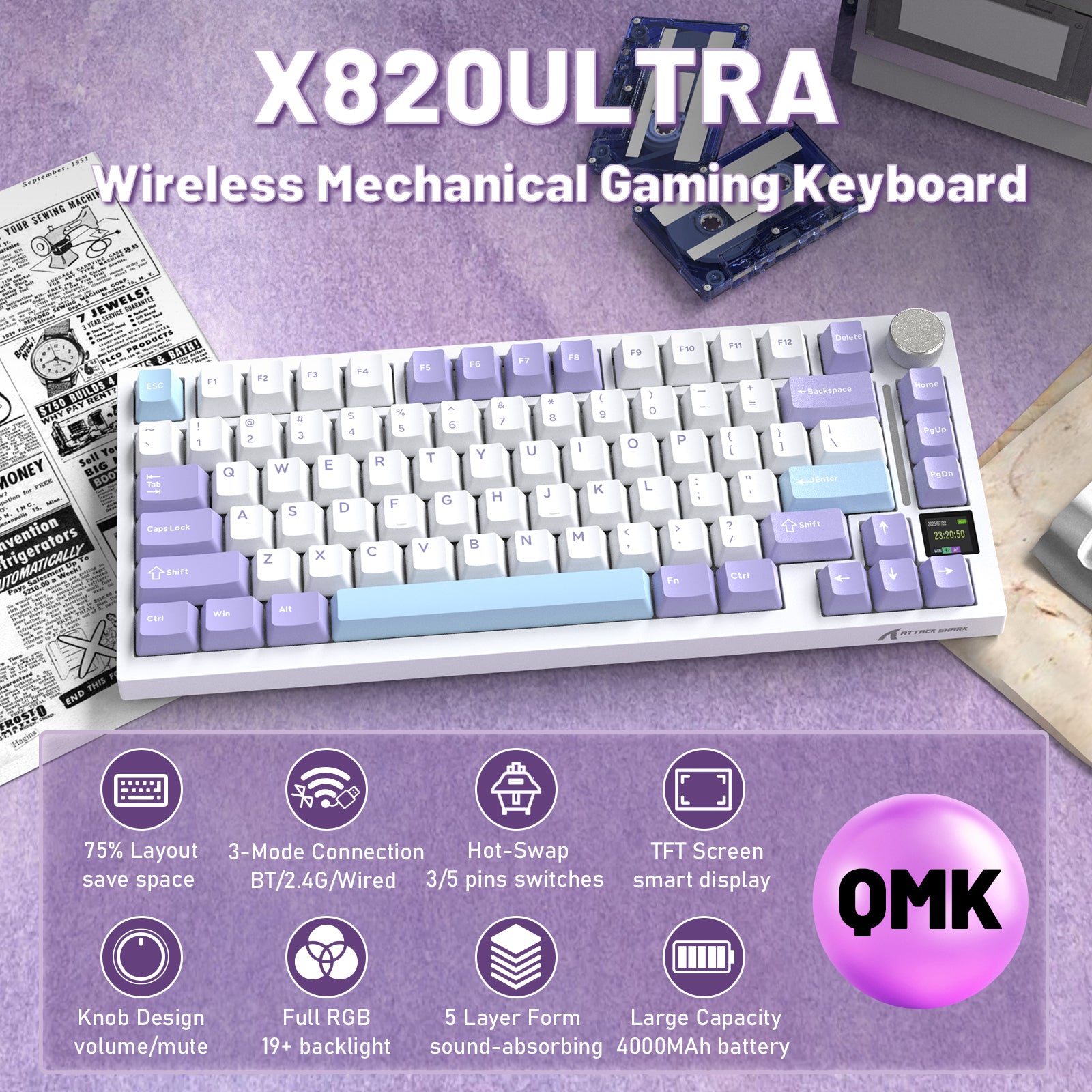 ATTACK SHARK X820ULTRA Mechanical Keyboard with C01ULTRA Coiled Cable