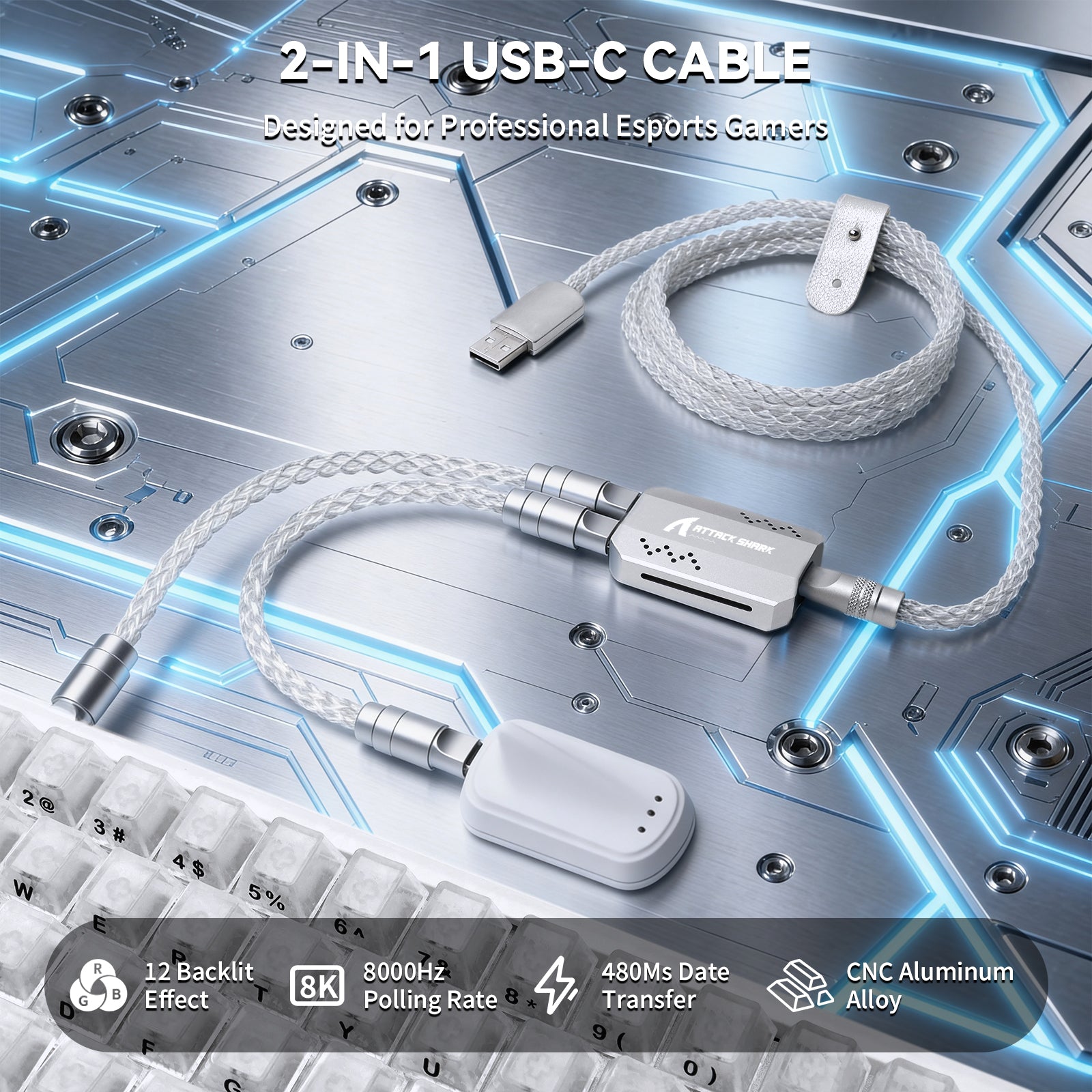 ATTACK SHARK C07 PRO 2-In 1  Type C Cable for 8KHz Gaming Keyboard/Mouse