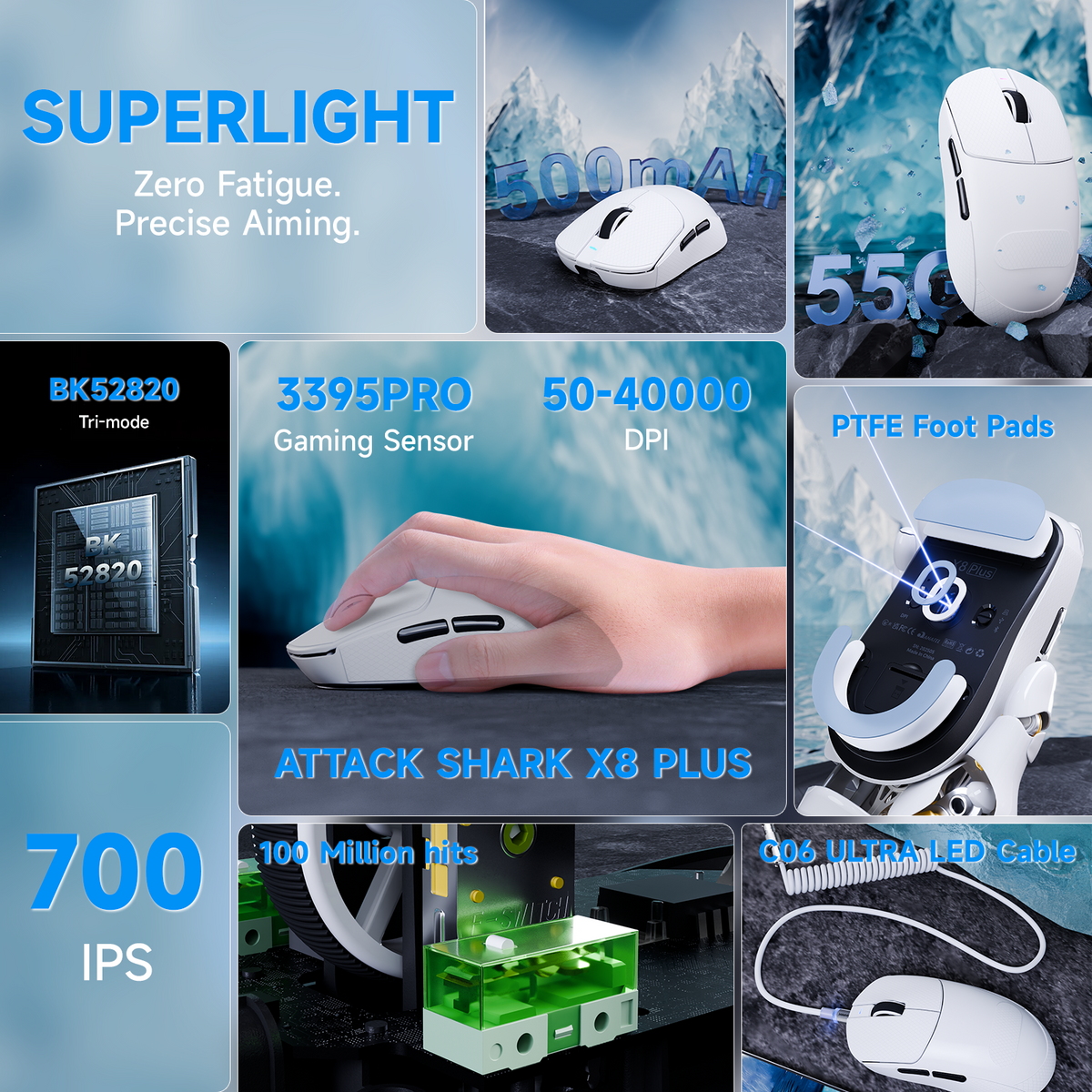 ATTACK SHARK X8 PLUS Tri-mode Wireless Gaming Mouse With C06 ULTRA Cable