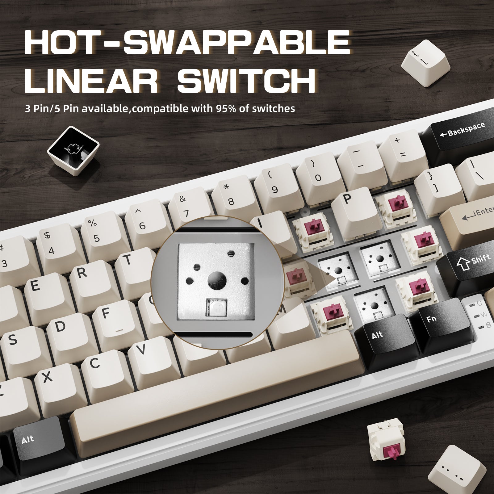 ATTACK SHARK X66 mechanical keyboard with hot-swappable linear switches and cream keycaps, showing switch and keycap details.