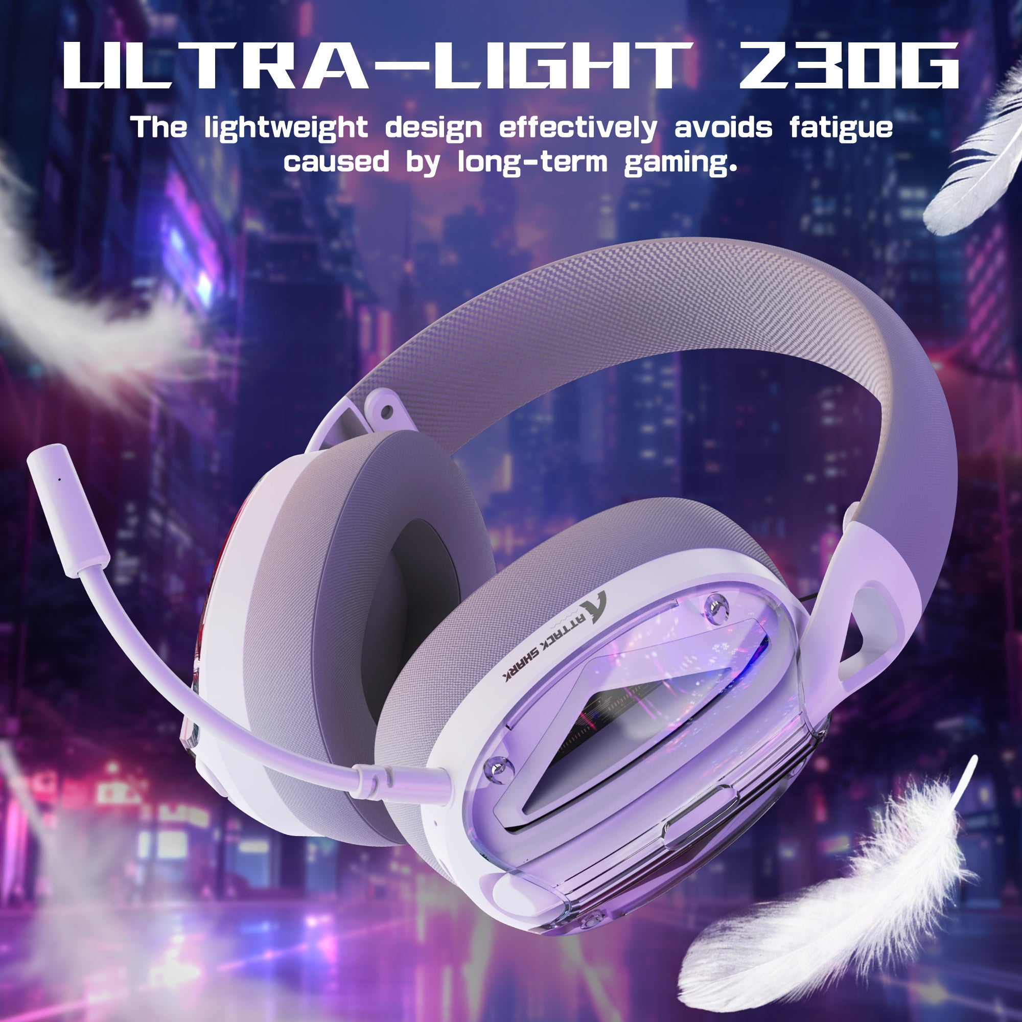 White ATTACK SHARK L60 ultra-light tri-mode gaming headset with detachable mic, RGB lighting, and cityscape backdrop.