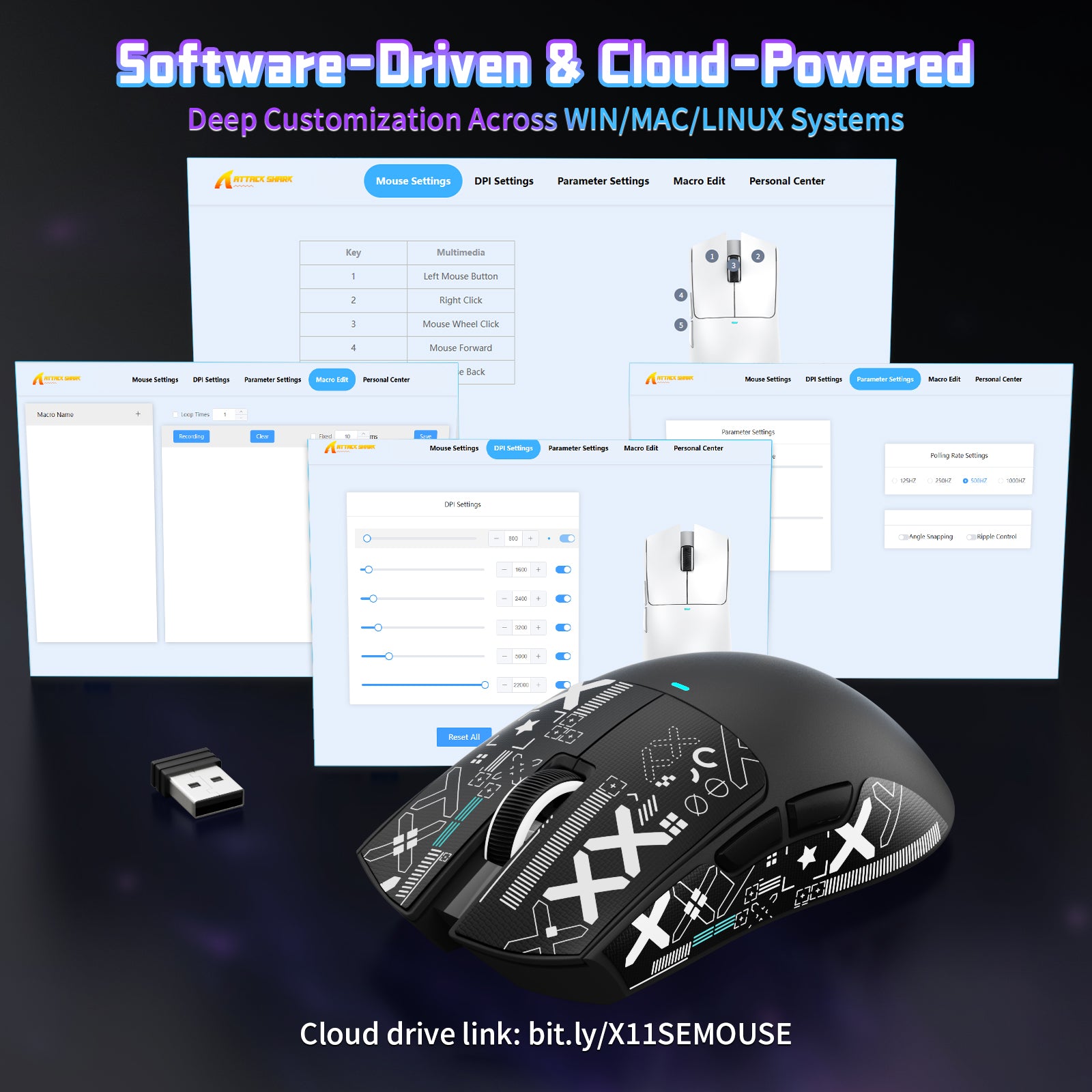 ATTACK SHARK X11SE gaming mouse software showcasing DPI and macro settings, cloud-powered for Windows, Mac, and Linux.