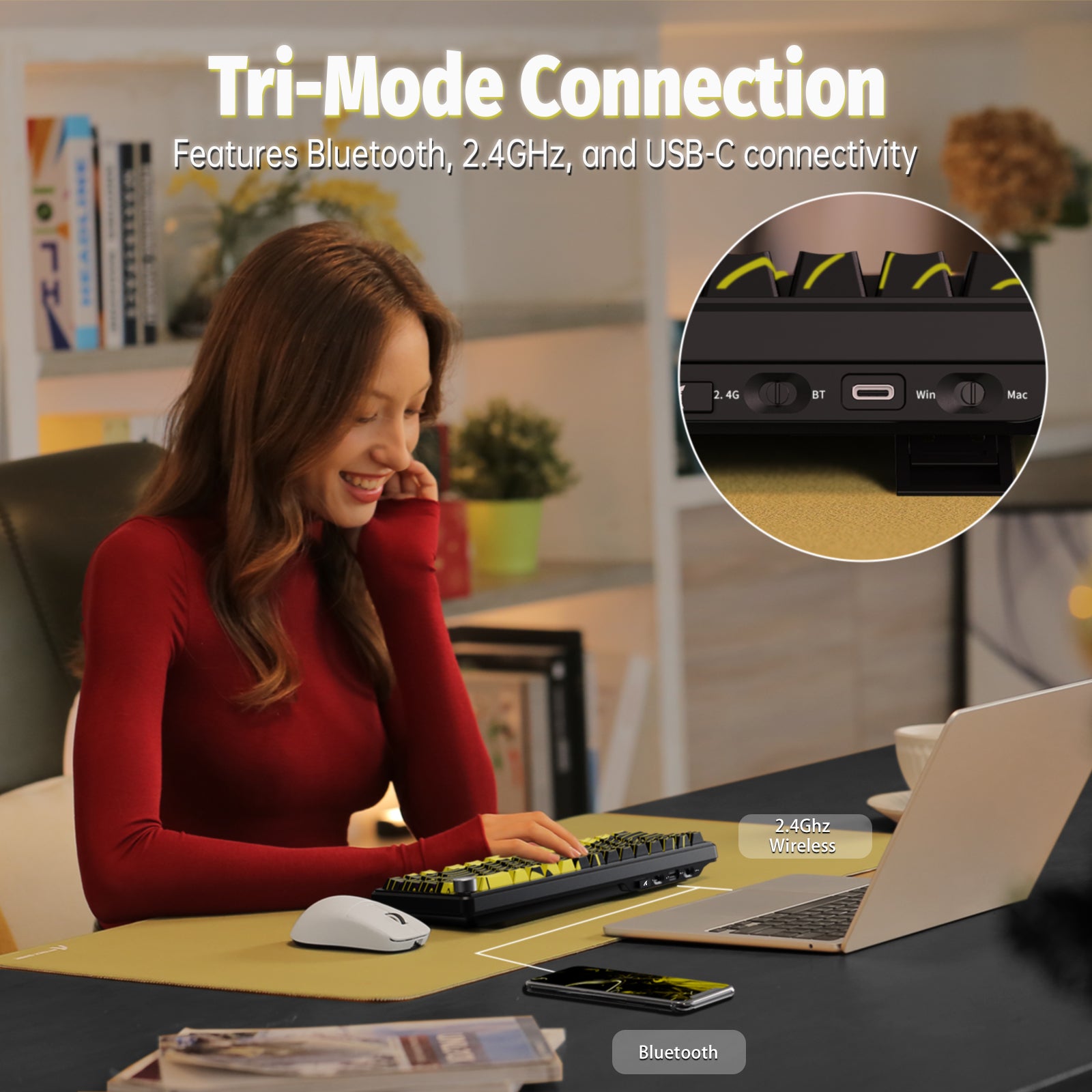 ATTACK SHARK X65PRO HE keyboard with Tri-Mode Connection: Bluetooth, 2.4GHz wireless, and USB-C.