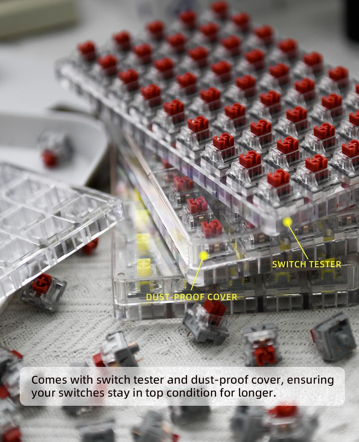 ATTACK SHARK x AJAZZ AS switches in clear acrylic switch tester with dust-proof cover