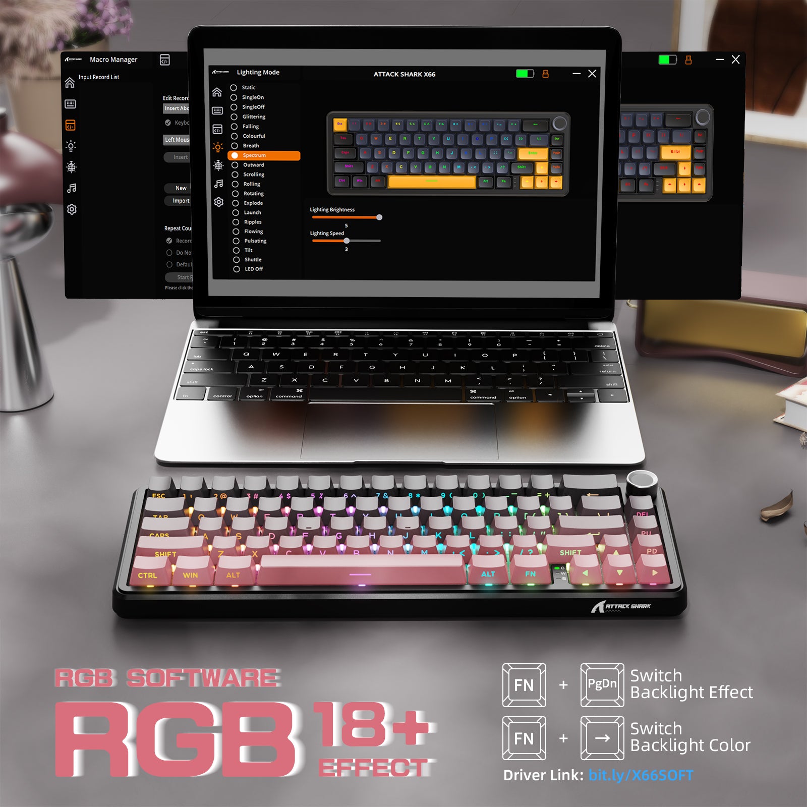 ATTACK SHARK X66 wireless mechanical keyboard with dynamic RGB lighting and software controls shown on laptop screen.