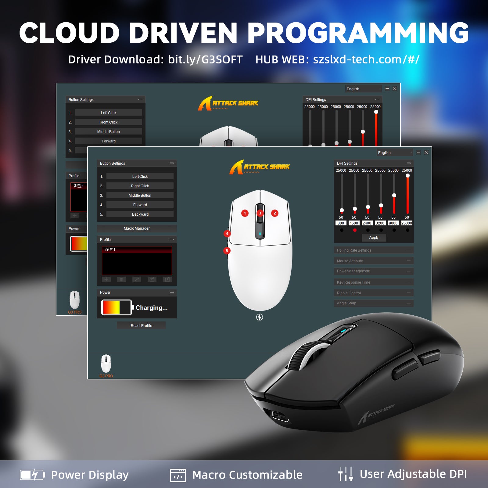 Attack Shark gaming mouse software interface showing cloud driven programming, DPI settings, button customization, and macro options with black mouse in foreground.