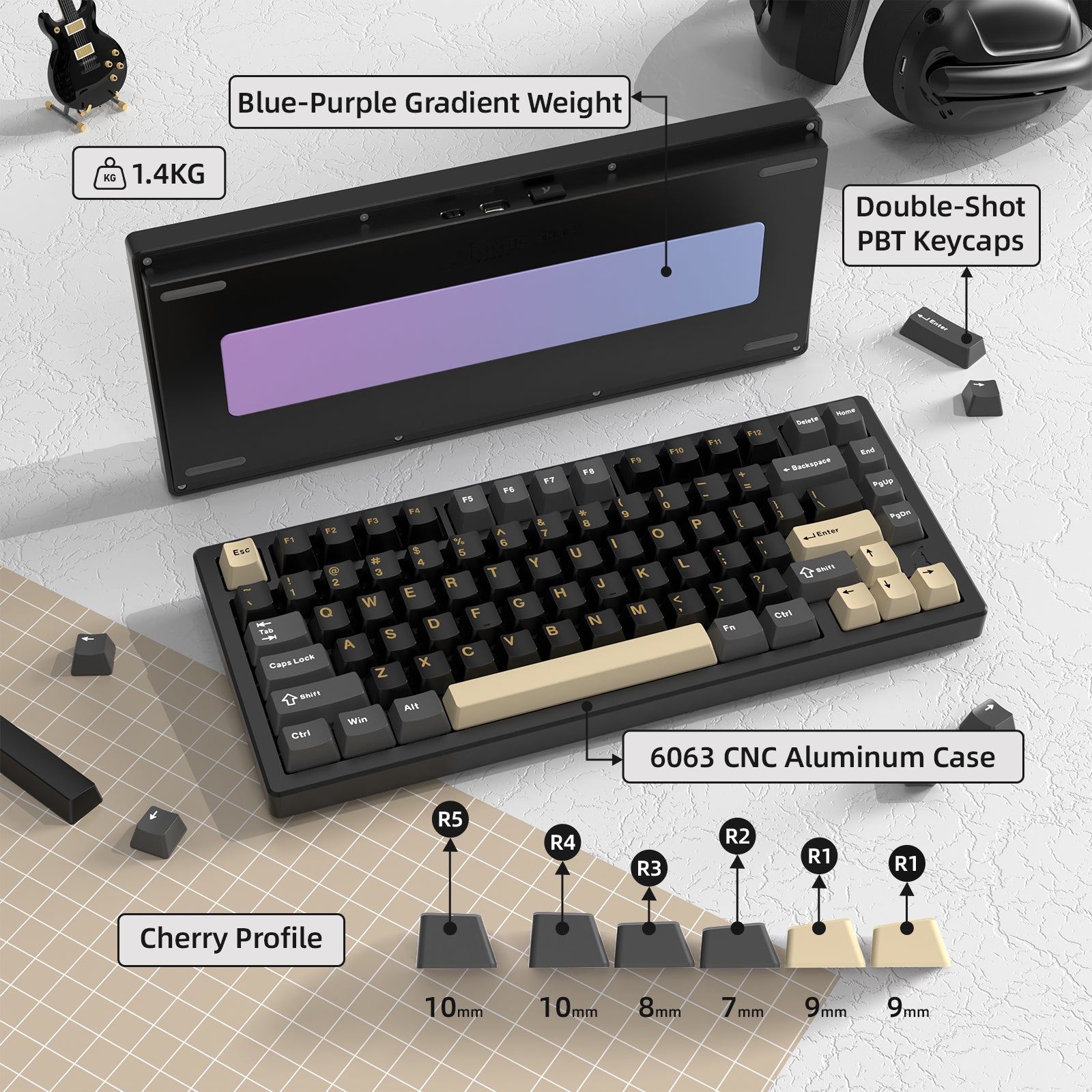 Attack Shark X75 keyboard showcasing blue-purple gradient weight and double-shot keycaps.