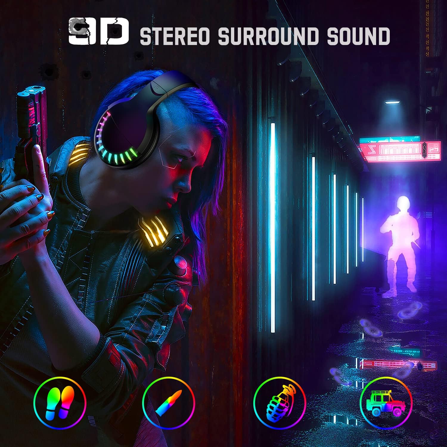 ATTACK SHARK x MAMBASNAKE SH33 wireless headset with RGB lights, woman holding a gun