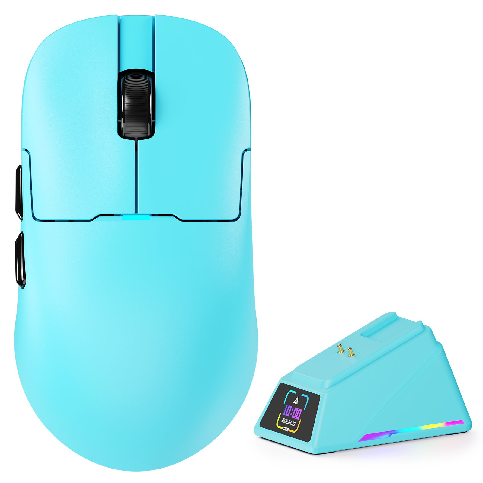 A light blue wireless computer mouse with a charging dock